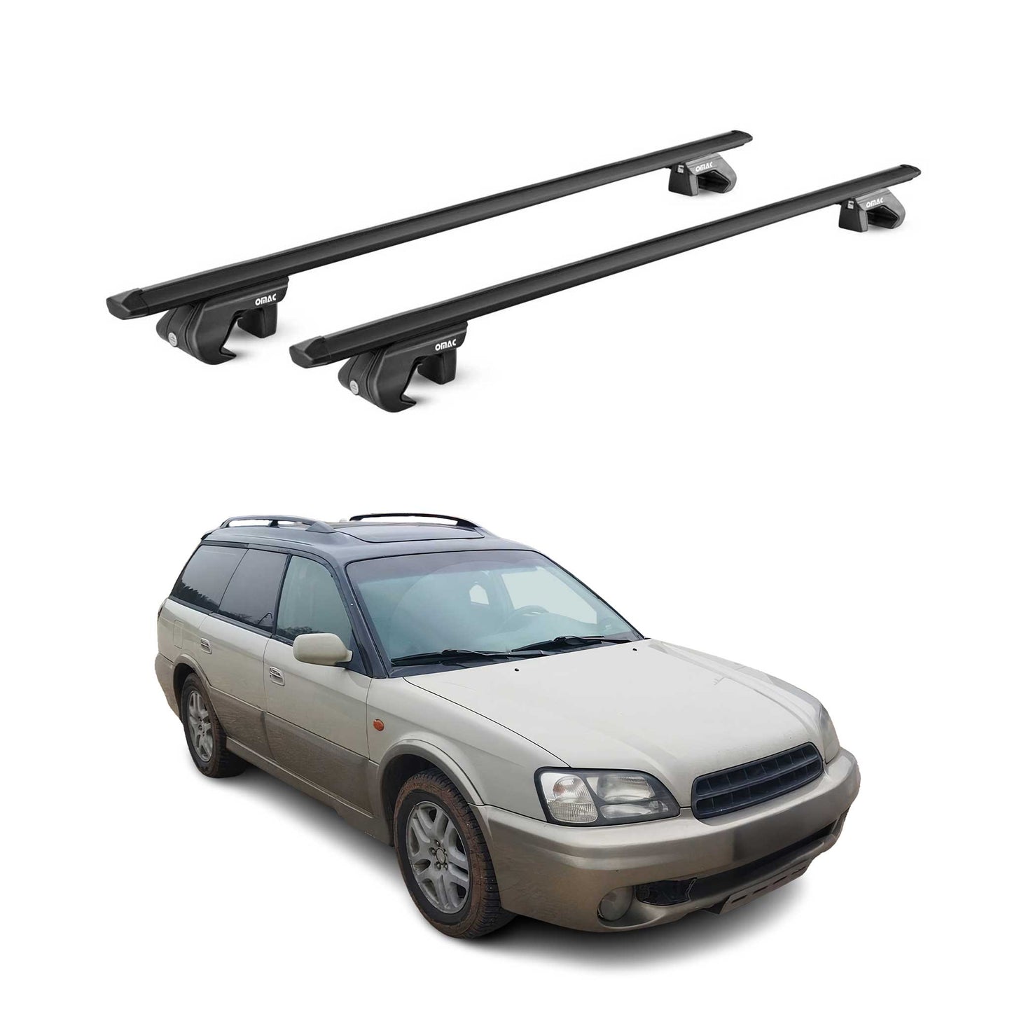 Dachträger Grundtäger für Subaru Outback mk2 1999-2003 90kg Alu Schwarz 2x ABE OMAC DE