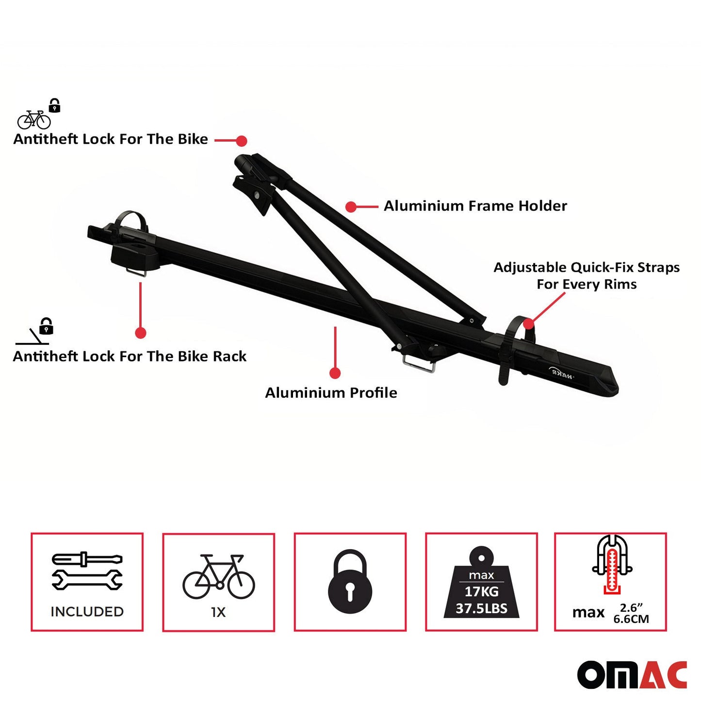 2x Fahrradträger Dachfahrradträger bis 17kg Aluminium Schwarz Fahrradhalter OMAC DE