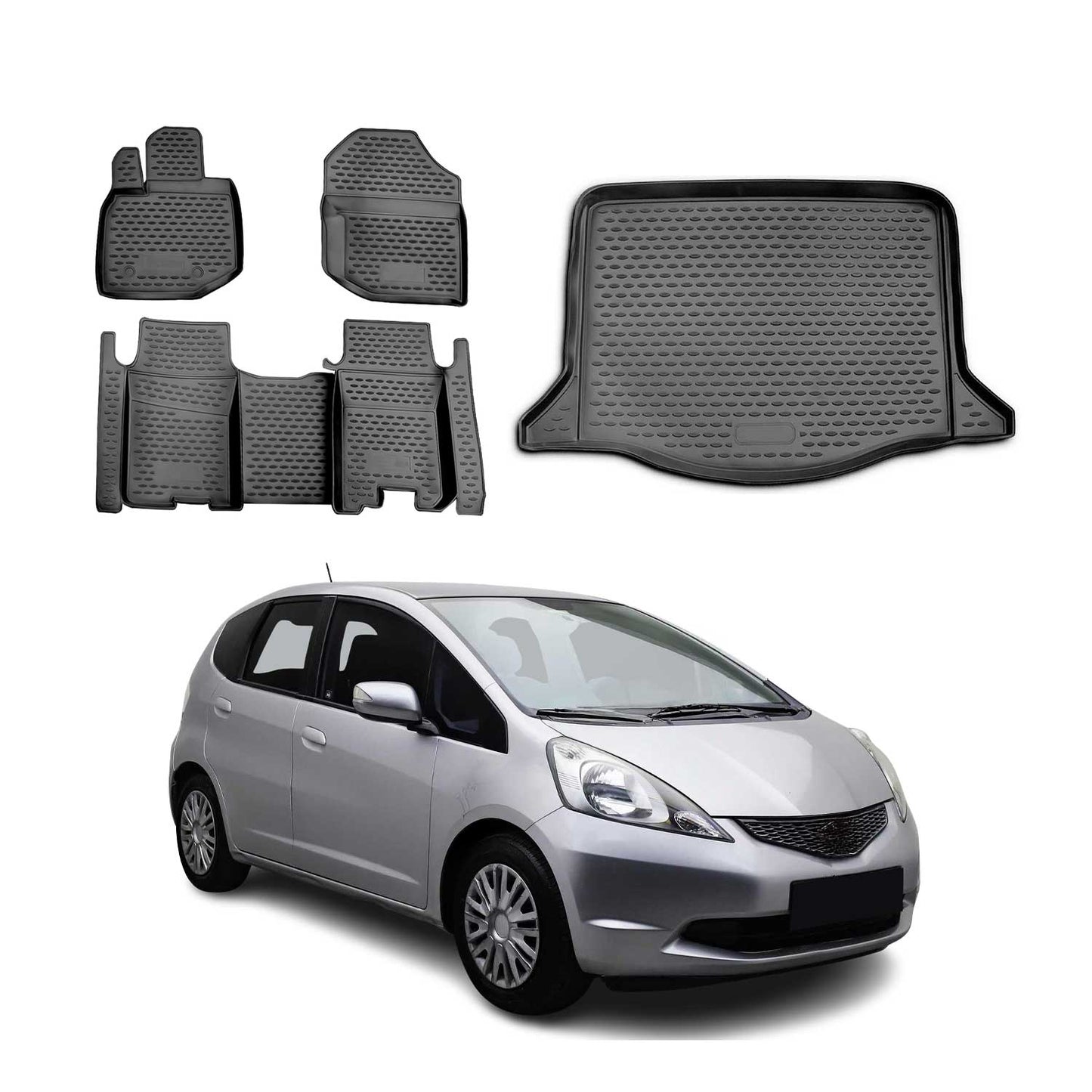Fußmatten & Kofferraumwanne Set für Honda Jazz 2007-2015 Gummi TPE Schwarz 5x OMAC DE