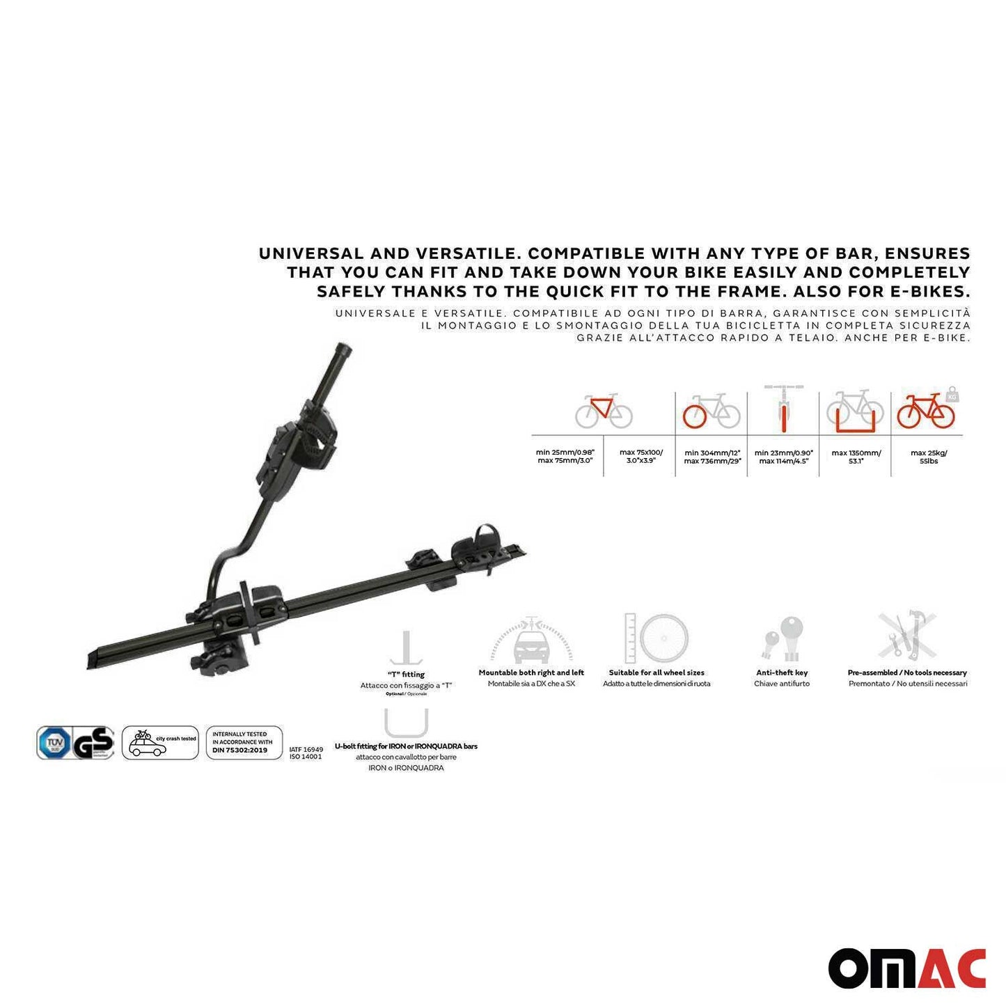 Farad Fahrradträger Dachfahrradträger für Fahrräder bis 25kg Stahl EBike FatBike OMAC DE