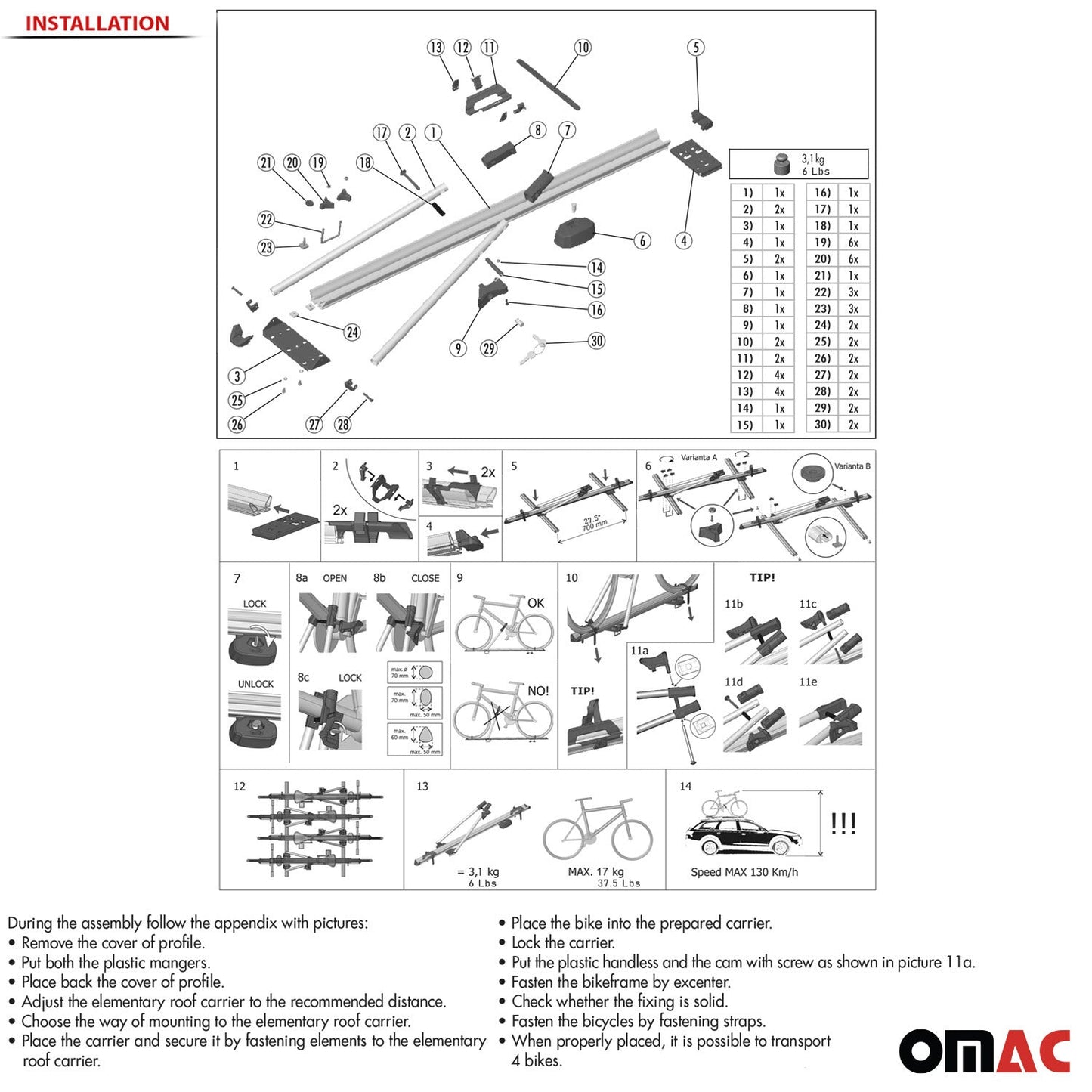 2x Fahrradträger Dachfahrradträger bis 17kg Aluminium Schwarz Fahrradhalter OMAC DE