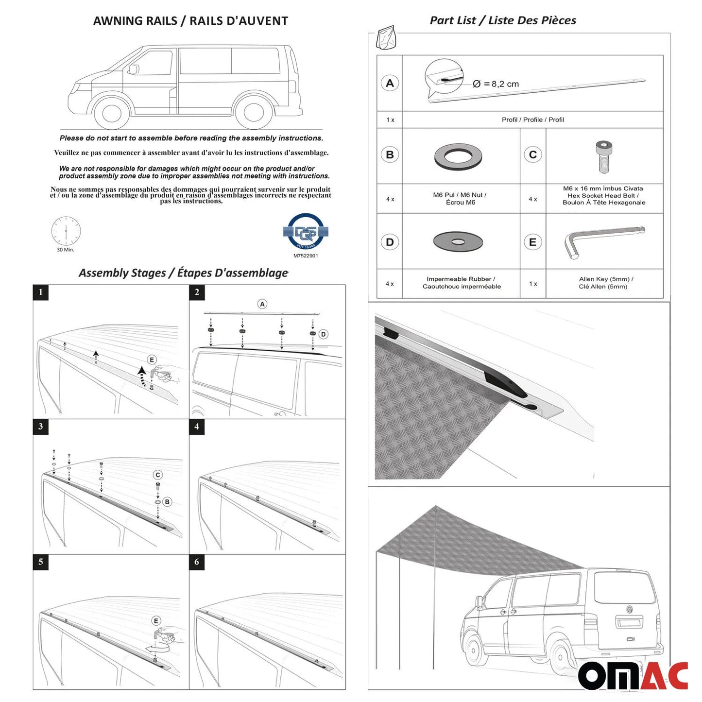Sonnensegel Kederschiene Vorzelt Satz für Ford Tourneo Custom 2013-22 L2 Alu OMAC DE