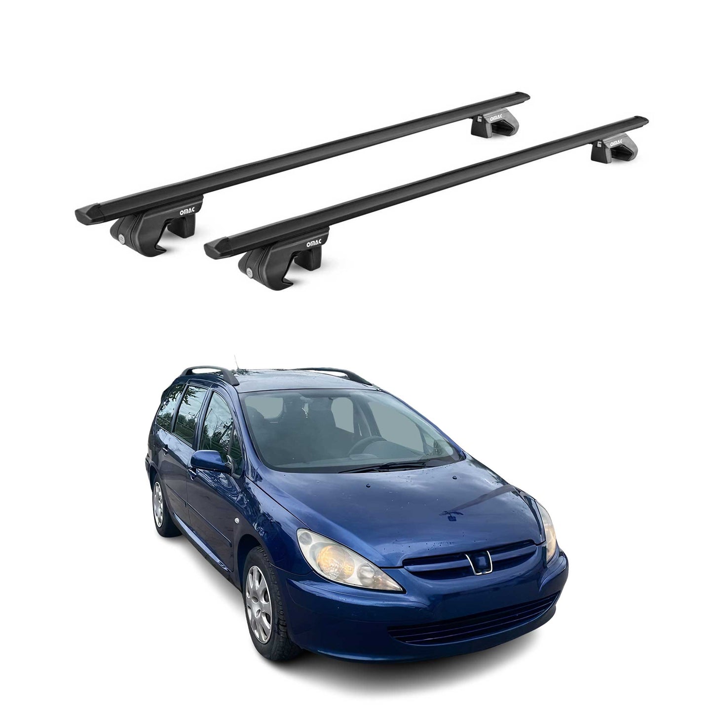Dachträger Grundtäger für Peugeot 307 Kombi 2002-2008 90kg Alu Schwarz 2 tlg ABE OMAC DE