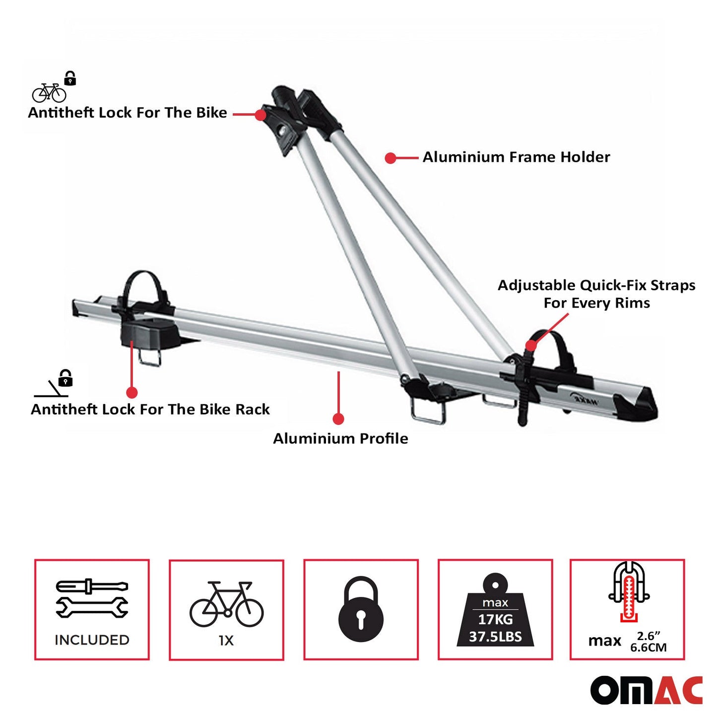 2x Fahrradträger Dachfahrradträger bis 17kg Aluminium Silber Fahrradhalter OMAC DE