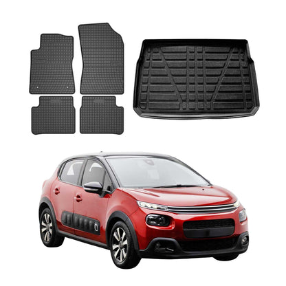 Fußmatten & Kofferraumwanne Set für Citroen C3 5tür 2016-2024 5tür Gummi OMAC DE