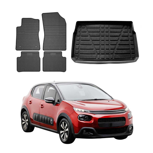 Fußmatten & Kofferraumwanne Set für Citroen C3 5tür 2016-2024 5tür Gummi OMAC DE