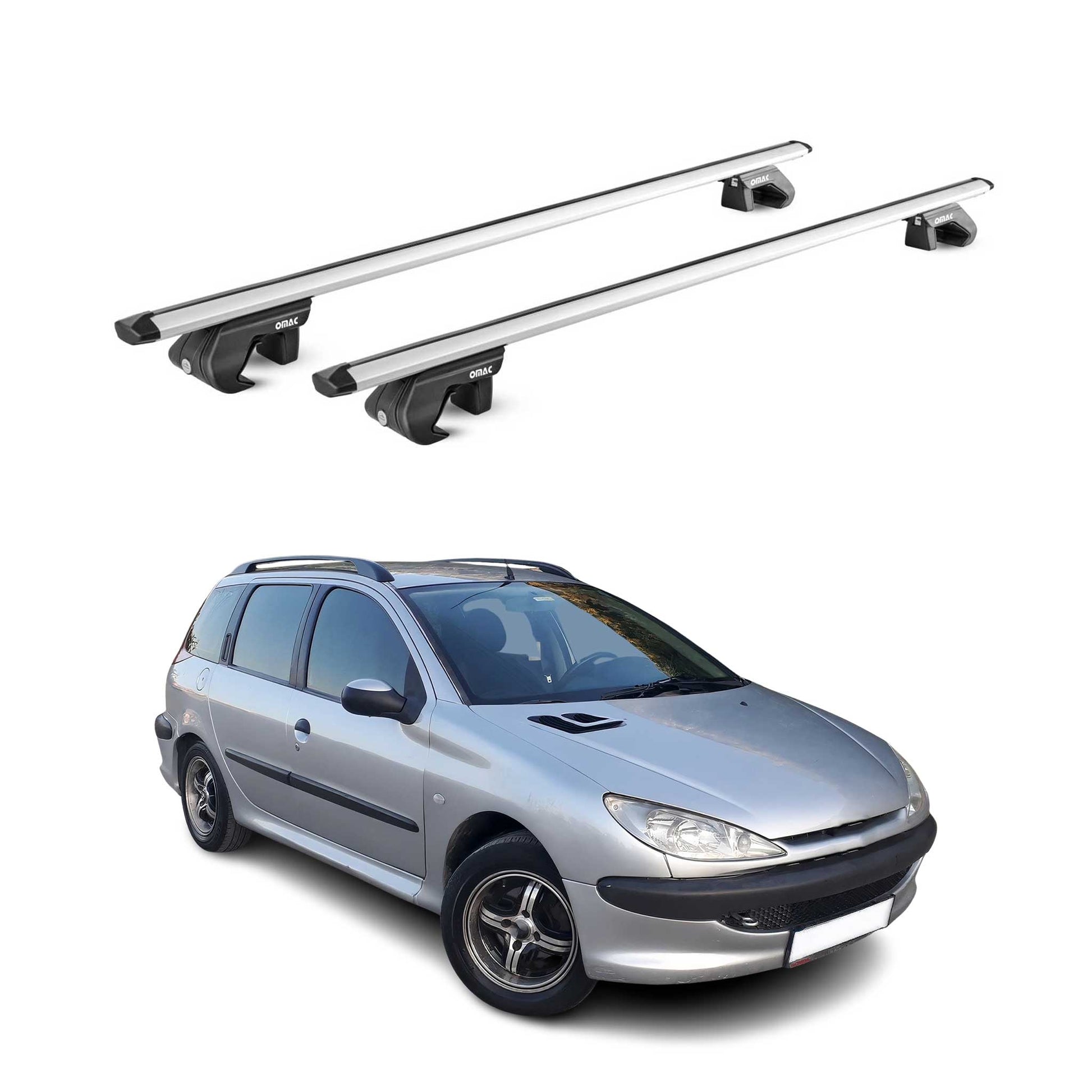Dachträger Grundtäger für Peugeot 206 Kombi 2001-2009 90kg Alu Silber 2 tlg ABE OMAC DE