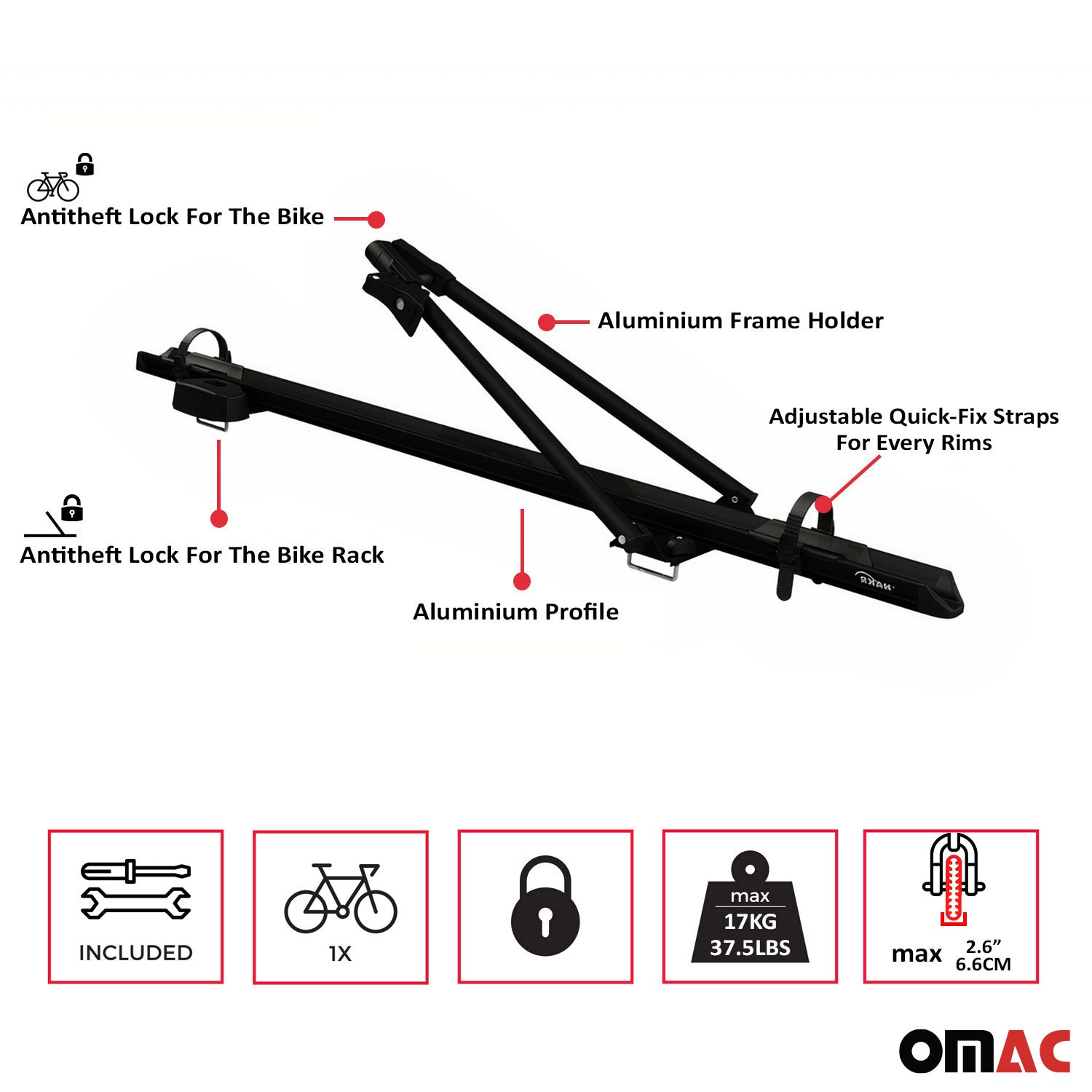2x Fahrradträger Dachfahrradträger bis 17kg Aluminium Schwarz Fahrradhalter OMAC DE