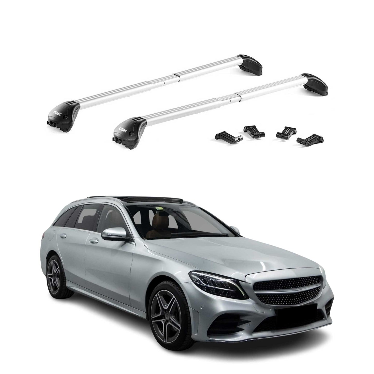 Dachträger für Mercedes C Klasse S205 Kombi 2015-2021 100kg Alu Silber 2x ABE OMAC DE