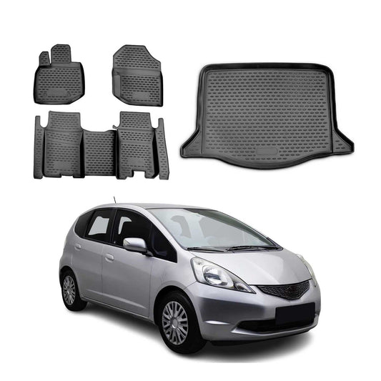 Fußmatten & Kofferraumwanne Set für Honda Jazz 2007-2015 Gummi TPE Schwarz 5x OMAC DE