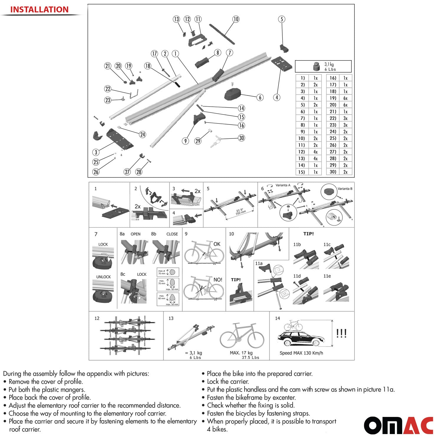 2x Fahrradträger Dachfahrradträger bis 17kg Aluminium Silber Fahrradhalter OMAC DE