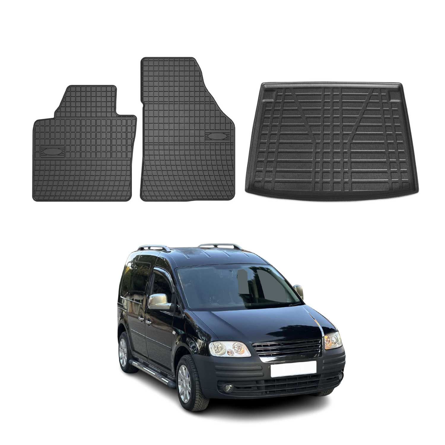Fußmatten & Kofferraumwanne Set für VW Caddy 2004-2010 Gummi TPE Schwarz 3x OMAC DE