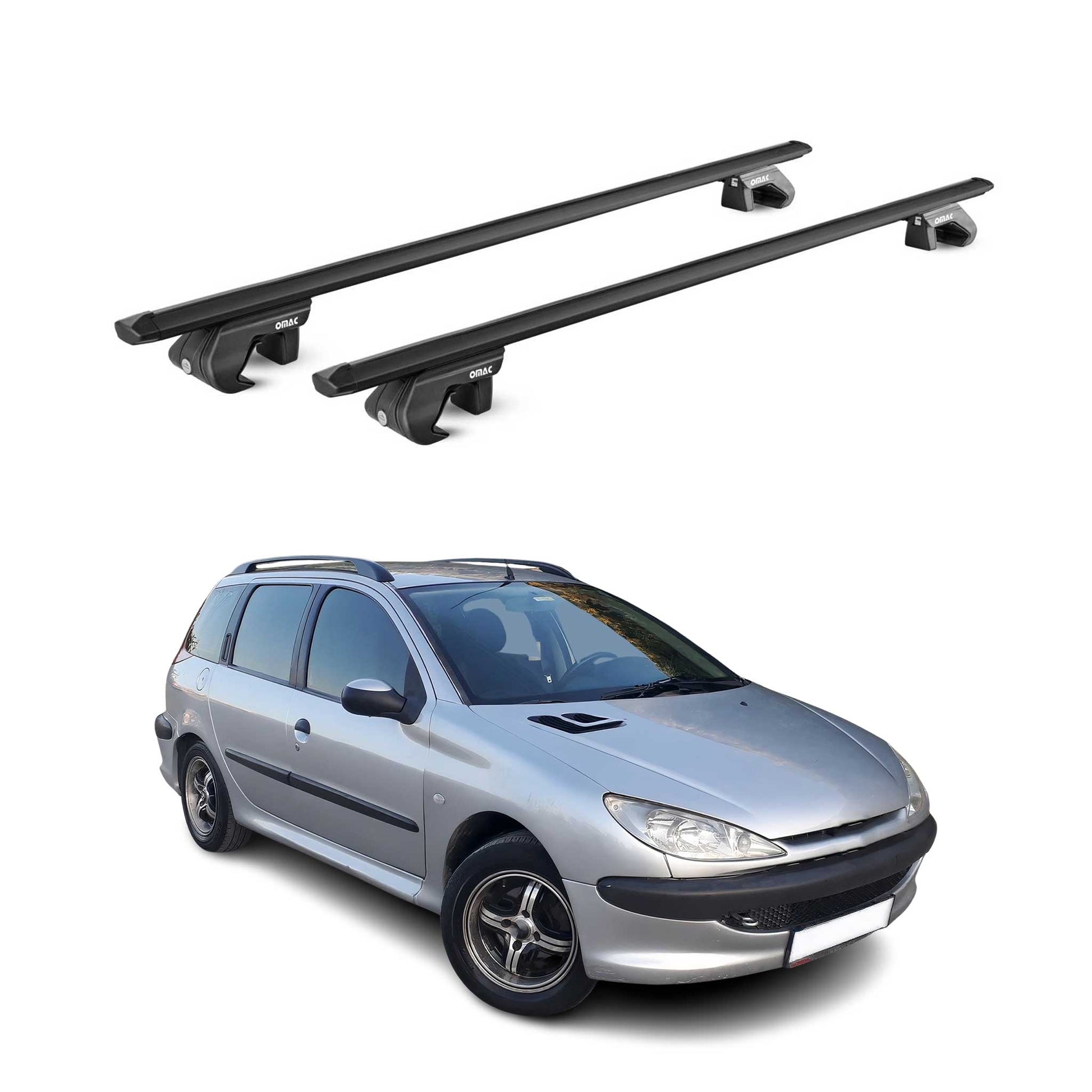 Dachträger Grundtäger für Peugeot 206 Kombi 2001-2009 90kg Alu Schwarz 2 tlg ABE OMAC DE