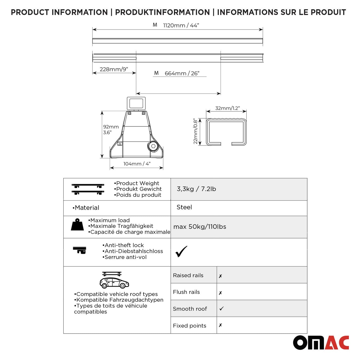Dachträger Grundträger für Peugeot iOn / Citroen C-Zero 2010-2014 Stahl Grau 2x OMAC DE
