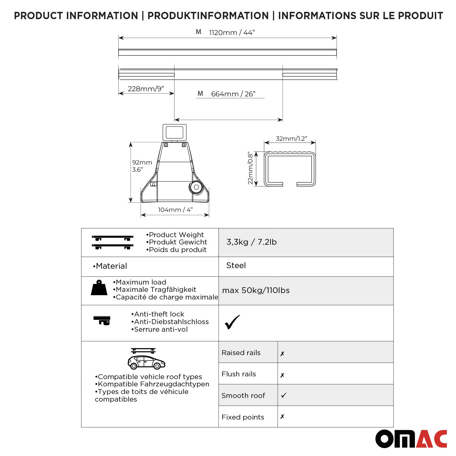 Dachträger Grundträger für Peugeot iOn / Citroen C-Zero 2010-2014 Stahl Grau 2x OMAC DE