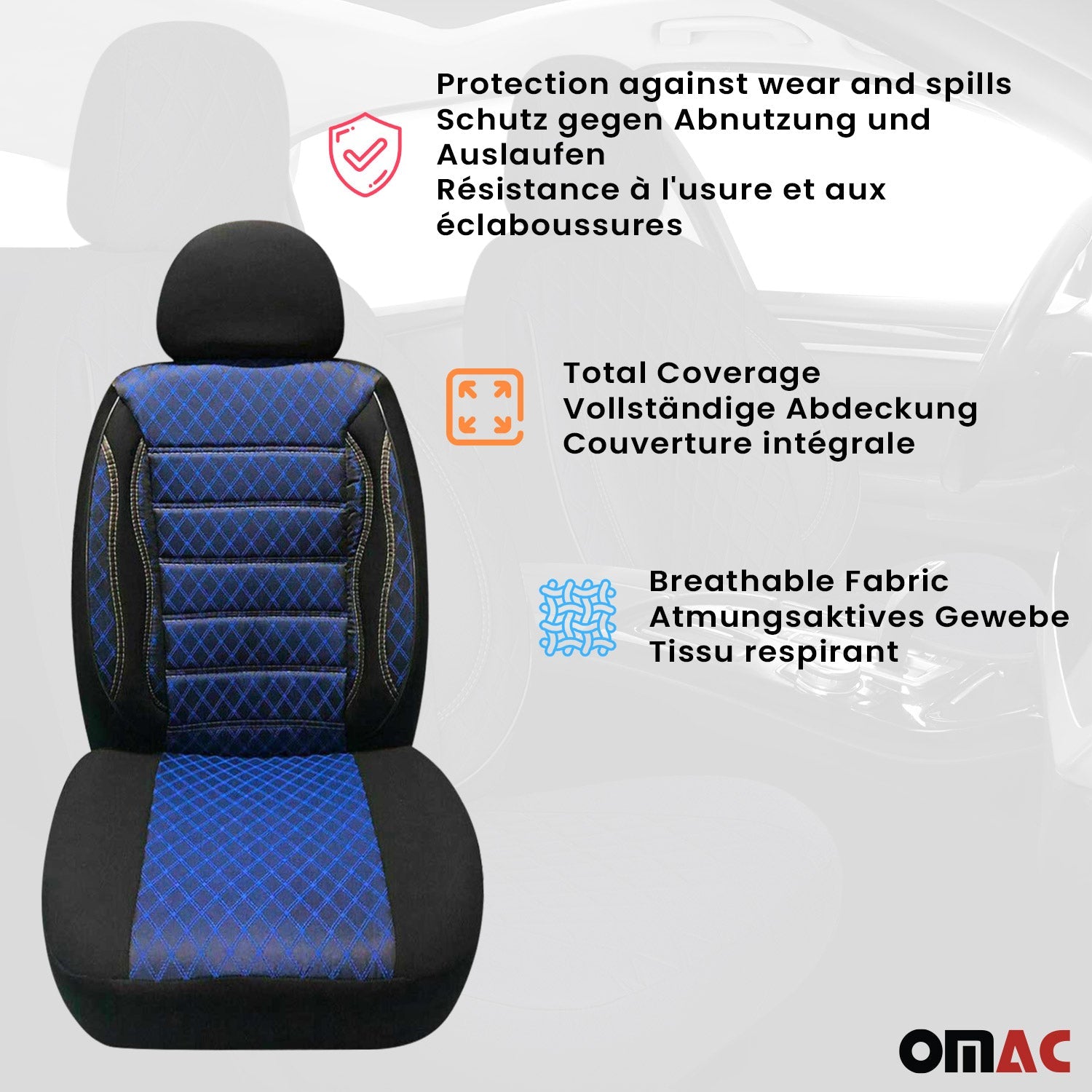 Sitzbezüge Schonbezüge für VW Transporter T6 2015-2025 Schwarz Blau 2 Sitz Vorne OMAC DE